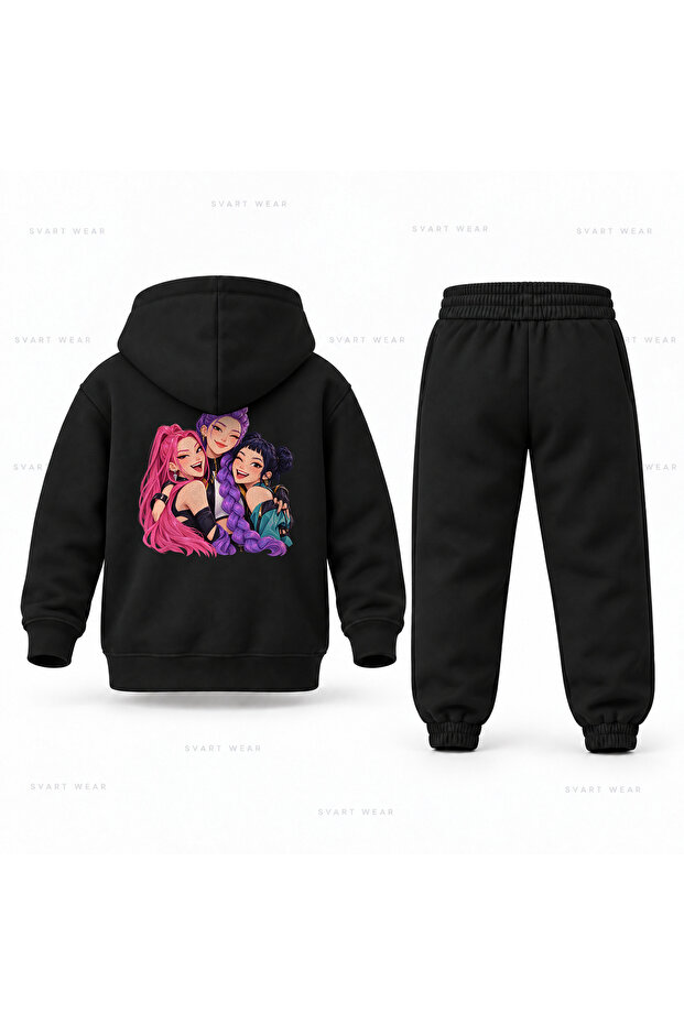 Kpop Demon Hunters Huntrix Kucak Son Printed Children's Hooded Tracksuit Set