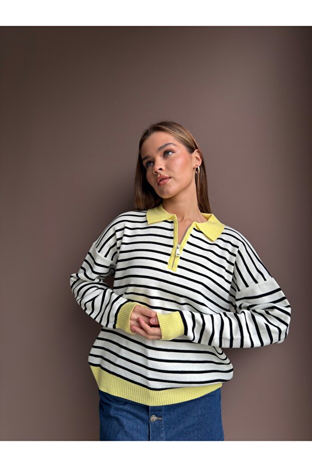 Polo Collar Half-Zip Striped Sweater