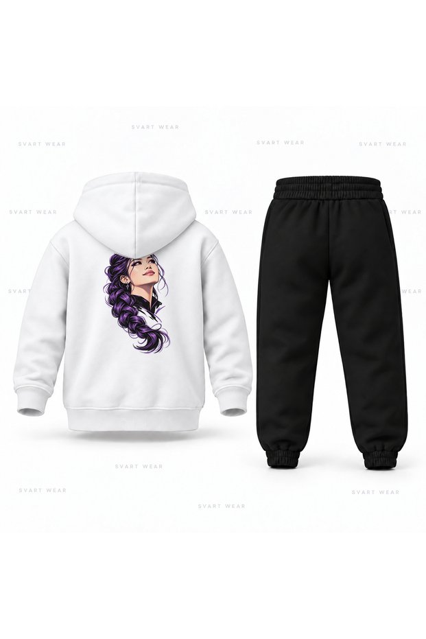 Kpop Demon Hunters Rumi Yuz Line Printed Children's Hooded Tracksuit Set