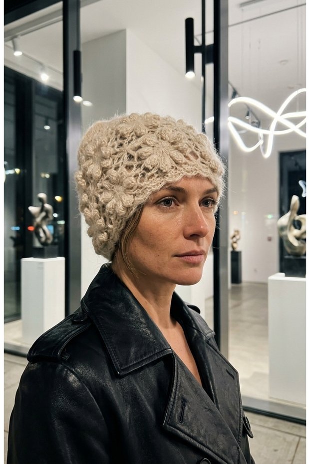 Hand Knitted Black Women's Beanie Crochet Floral Motif Bohemian Winter Hat - Vintage Style Soft Knitted Beanie Model