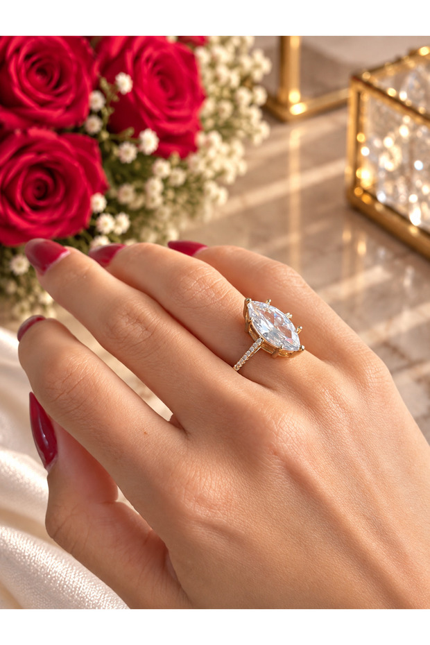 Women's Gold Color Marquise Cut Stone Ring – Sparkling Stylish Design with Big Stone
