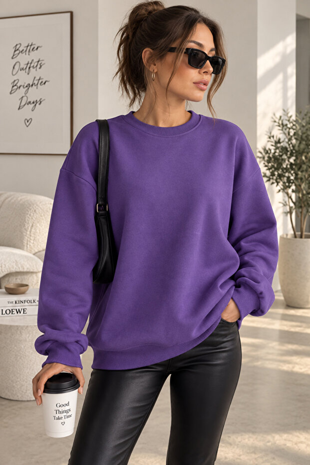 Women's 3 Thread Oversize Basic Sweatshirt Crew Neck Comfortable Fit