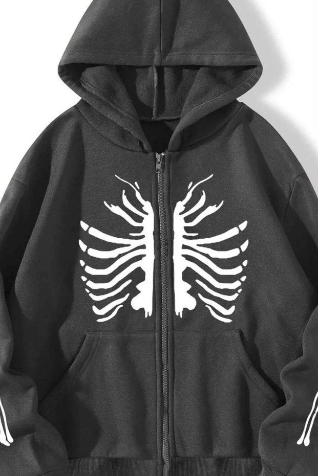 Black Skeleton-Rib Printed Zippered Hooded Oversize Sweatshirt