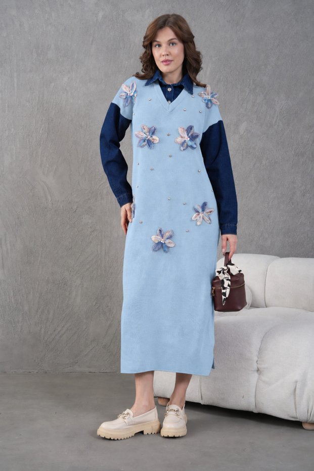 Women's Floral Appliqué Shirt Collar Long Knit Dress with Denim Trim