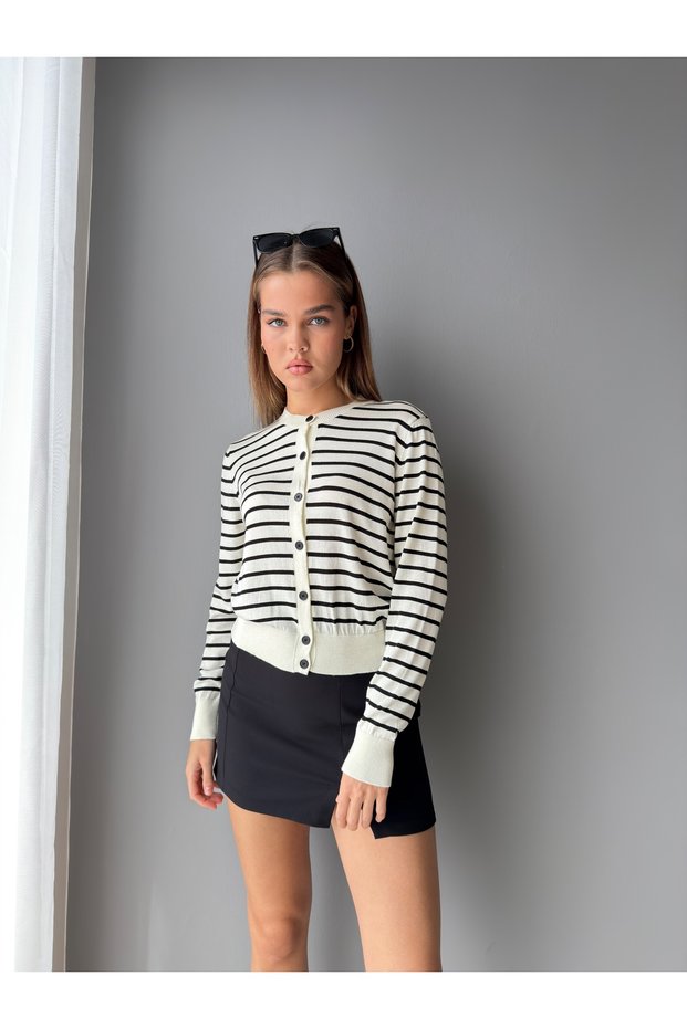 Striped Buttoned Front Stretchy Knit Cardigan