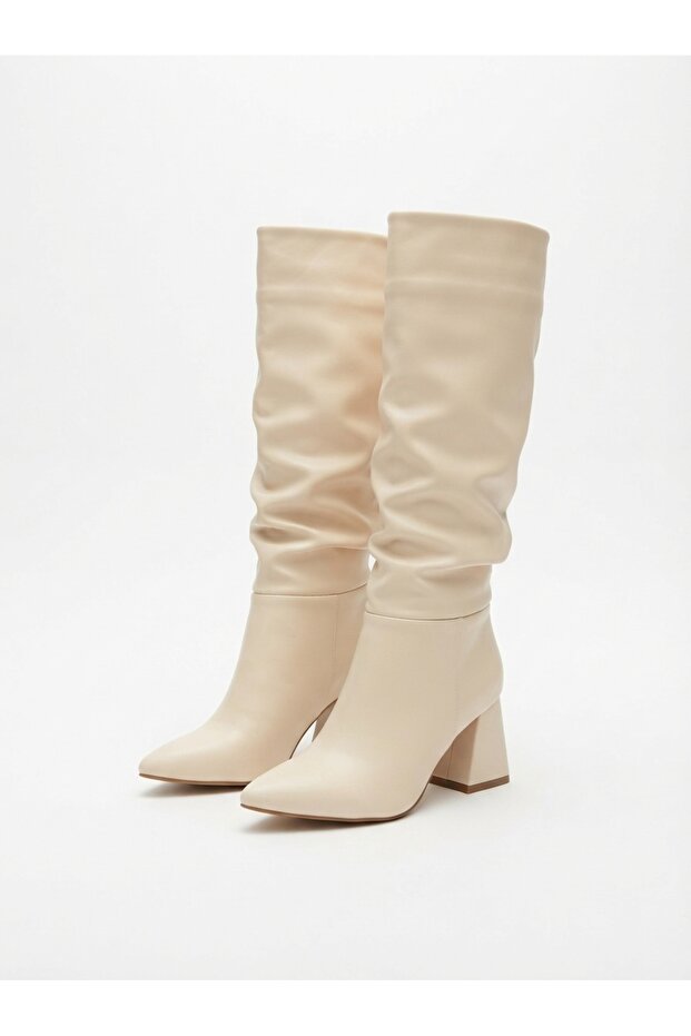 Zri̇nx-2002 Premium Beige Bellows Thick Heeled Women's Boots 7 cm
