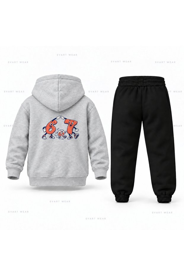 Six Seven 67 Printed Children's Hooded Tracksuit Set with Numbers and Arrows