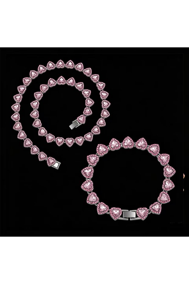Pink Slivery Set ZAKOL 45CM New Hip Hop Tennis Chain Bracelet Necklace Shiny Heart Rhinestone CZ Fas