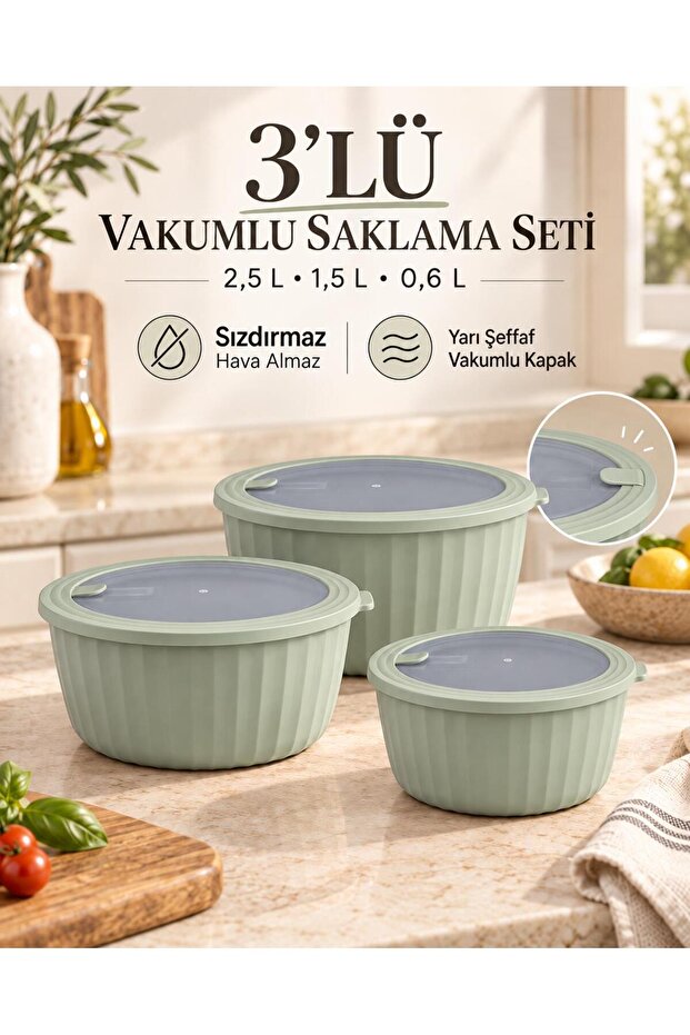 Colesium Premium Vacuum Sealed Green Storage Container with Lid, 3-Piece Set 2.5Lt-1,5Lt-0,6Lt
