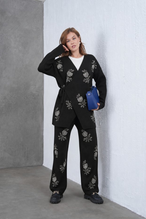 Women's Embroidered Side-Tie Knitwear Trousers Double Set
