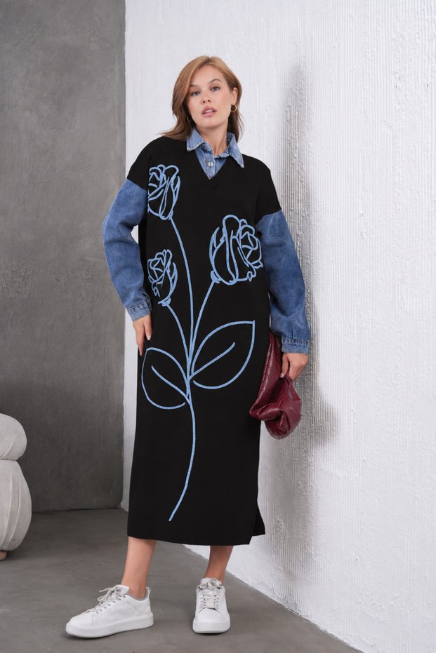Women's Denim Sleeve Beaded Embroidered Wide Fit Long Knitwear Dress