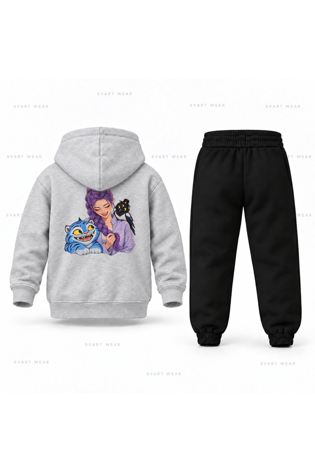 Kpop Demon Hunters Rumi Sac Bakişi Printed Children's Hooded Tracksuit Set