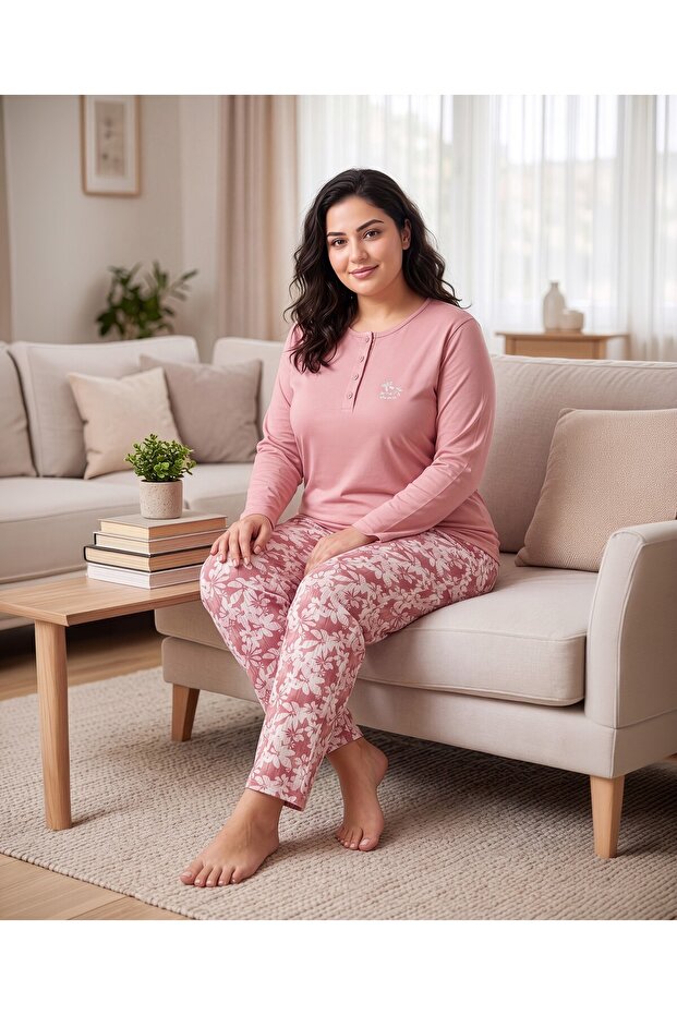 Women's powder pink 100% cotton solid fabric plus size relaxed fit pajama set