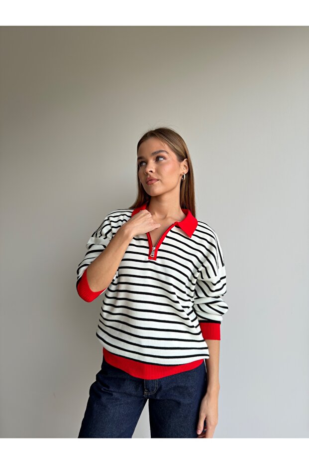Polo Collar Half-Zip Striped Sweater