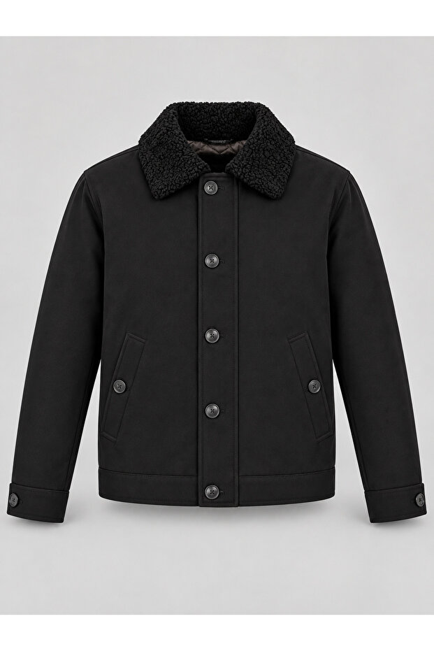Men's Fur Collar Quilted Coat Jacket Black 4322Dngr