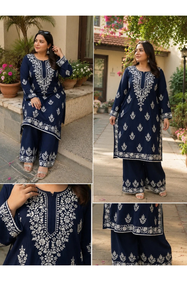 Blue Chikankari Embroidered Kurti Set - CHK1005 | Blue-Size:XL-42-Inches