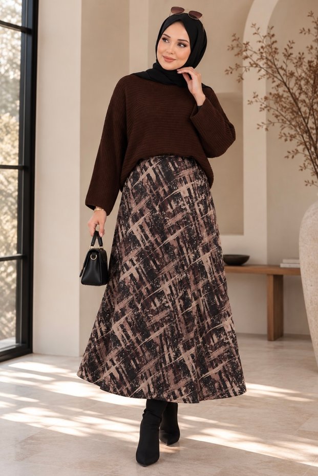 Women's Knitwear Sweater Patterned Scuba Skirt Double Hijab Set Sb0063