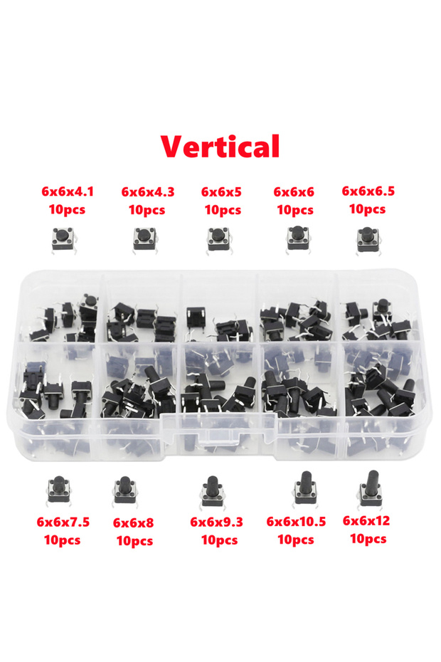 Vertical 100 PCS 10 Models 6*6 Tact Switch Tactile Push Button Switch Kit Height: 4.1 5~12MM DIP 4P