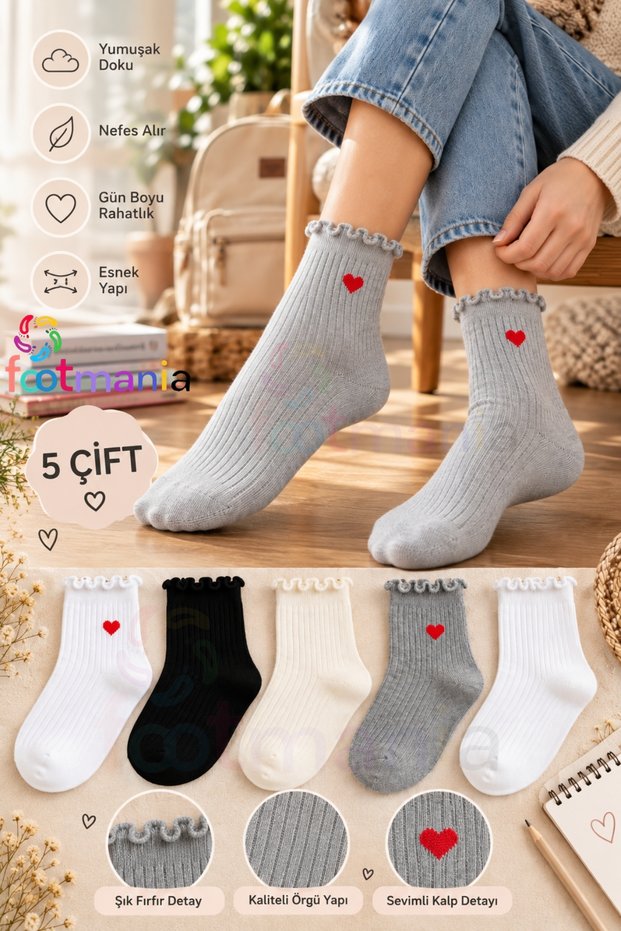 Ruffled 5-Pair Women's College Socks Set (Extra Soft)