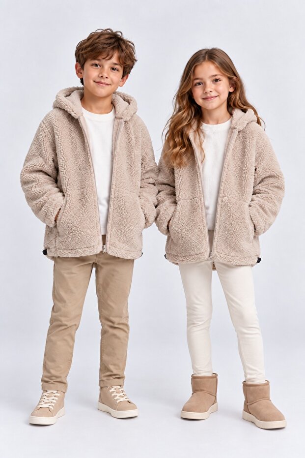 Girls Boys Hooded Plush Lamb Coat with Zipper Pockets Soft Jacket Ak101