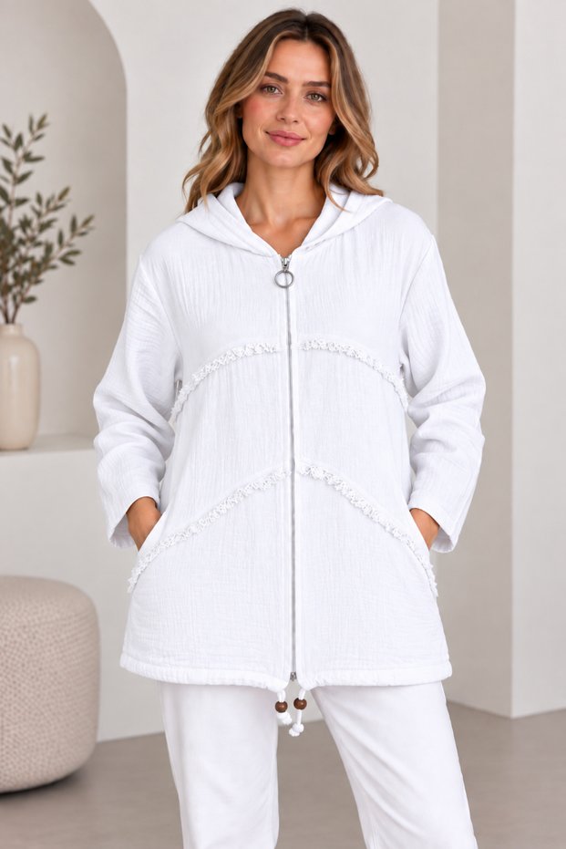 Hooded Zippered 100% Cotton Muslin Jacket with Tassel Detail and Drawstring Pocket, Lightweight Women's Jacket