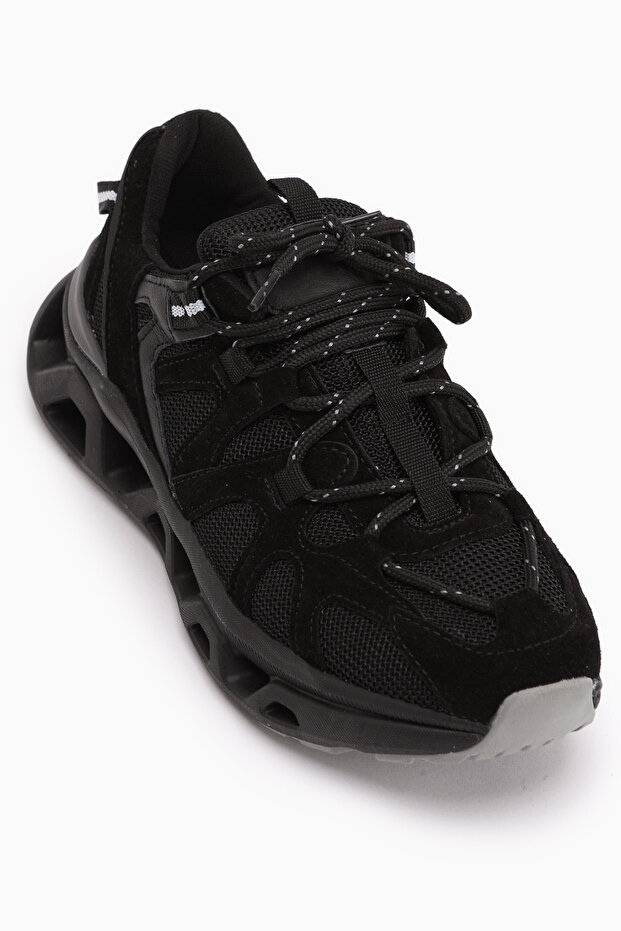 Raisa Genuine Leather Black Suede Mesh Detailed Thick Sole Women's Sneaker