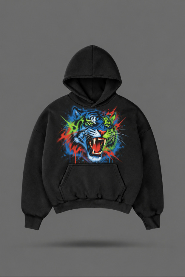 Oversize Tiger Printed Hooded Black Sweatshirt