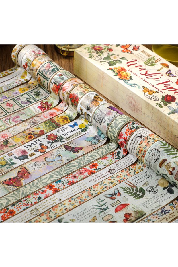 20 Rolls Vintage Washi Tape Set Butterfly Flower Plant Masking Tape (3 Rolls Bronzing Tape) Scrapboo