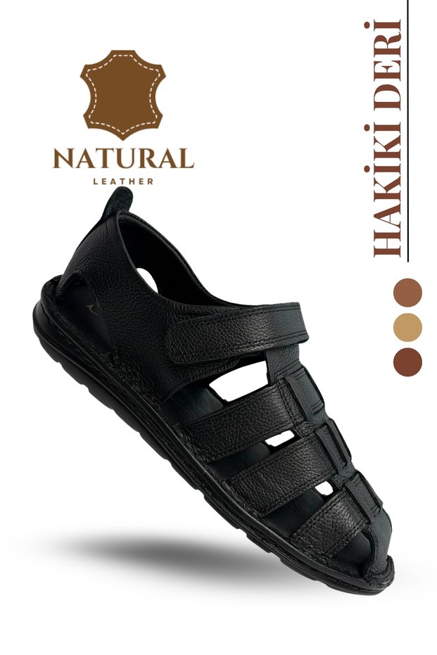 100% Genuine Leather Closed Toe Men's Sandals Syringe Black
