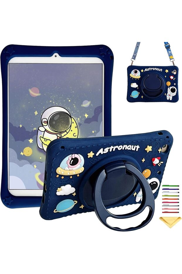 Kids Case for iPad iPad Mini 5 2019 & iPad Mini 4 2015 with 360° Rotating Handle Stand/Shoulder Strap, UUcovers Soft Silicone 3D Cartoon Cover for iPad Mini 5th/4th Generation 7.9",Astronaut Space