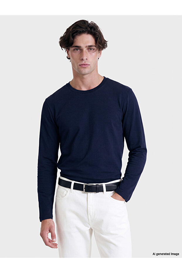 Vizyon New Season Navy Blue Crew Neck Long Sleeve Men's T-Shirt