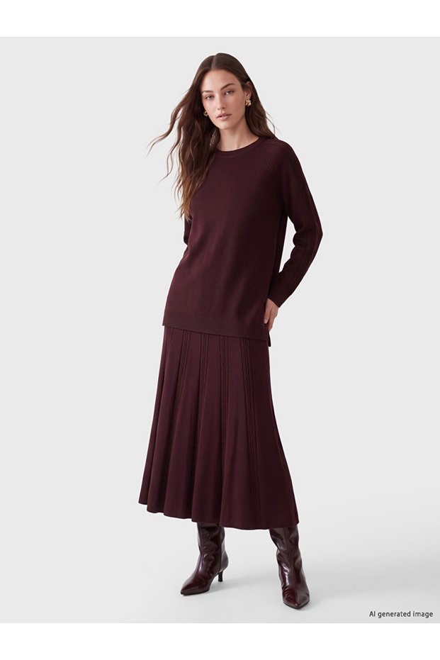 Özmarka New Season Burgundy Elastic Waist Hair Braid Patterned Knitwear Skirt