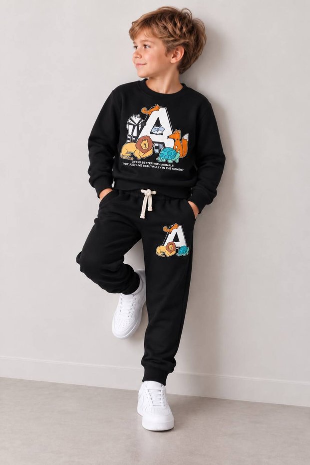 Boy's Animal Figured a Printed Sweatshirt and Jogger Pants 2-Piece Top and Bottom Set