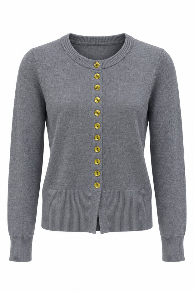 Buttoned Crew Neck Gray Slim Knitwear