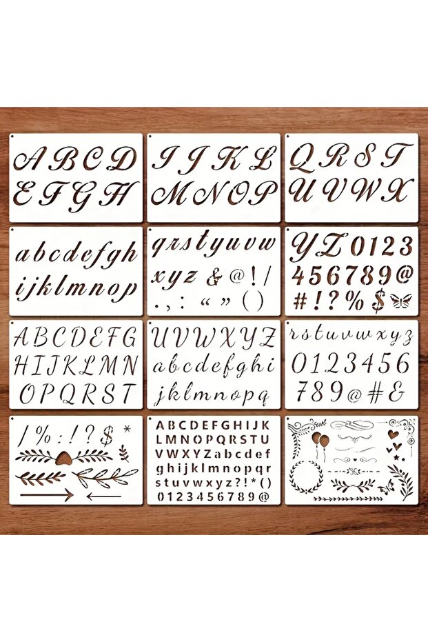 12PCS 8.3x5.5inch Cursive Alphabet Stencils with Numbers & Symbols Reusable Letter Templates for DIY