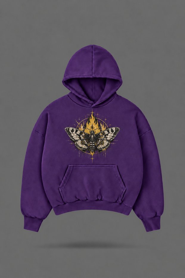 Oversize Moth to Flame Front and Back Printed Hooded Purple Sweatshirt