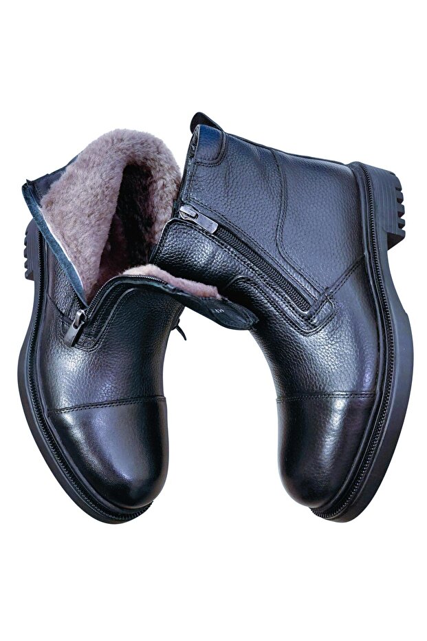 Jf-25992 Men's Genuine Leather and Fur Lined Double Zipper Casual Boots