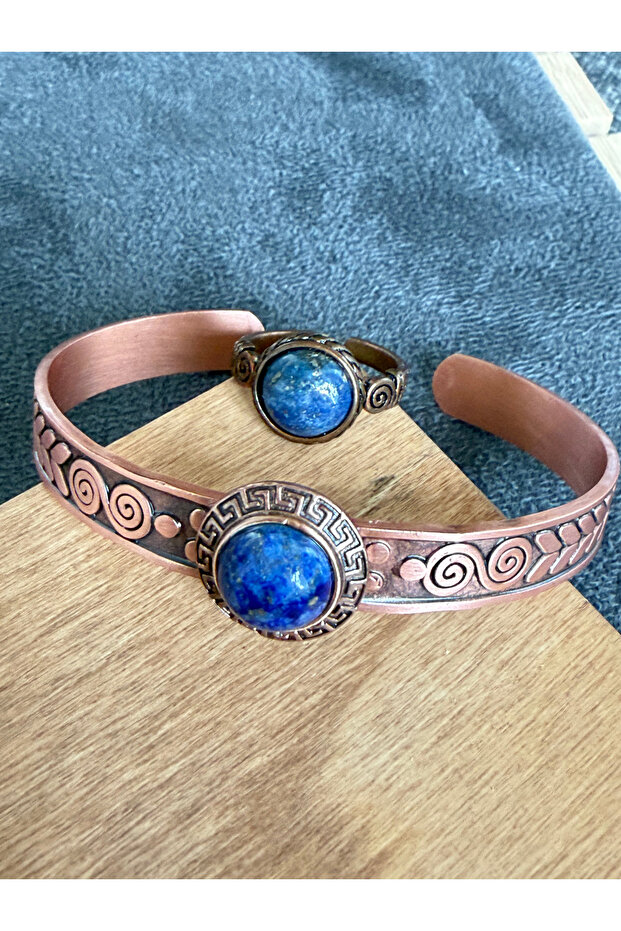 Copper Ring Bracelet with Natural Stones, Handcrafted Copper Set, Lapis Stone Jewelry Set