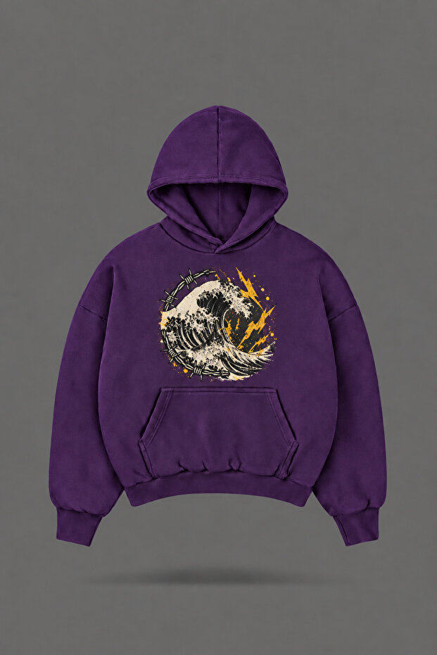 Oversize Riptide Front and Back Printed Hooded Purple Sweatshirt