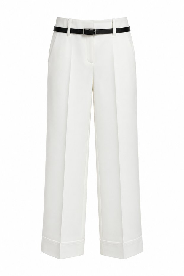 White Palazzo Fabric Trousers with Belt