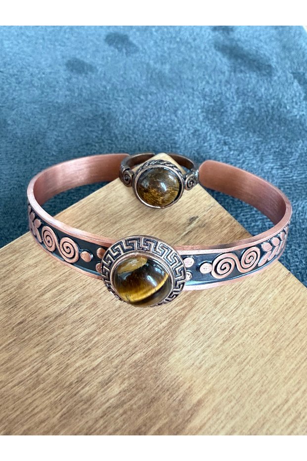 Copper Ring Bracelet with Natural Stones, Handcrafted Copper Set, Tiger's Eye Stone Jewelry Set