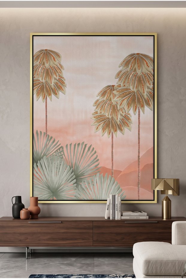 Boho Palm Tree Desert Nature Wall Art | Portrait Framed Canvas Print | Luxury Modern Botanical Decor for Living Room