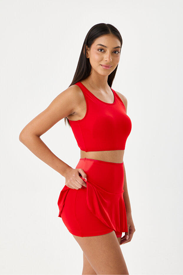Women's Red Bustier Shorts Skirted Strap Swimsuit Set Lycra