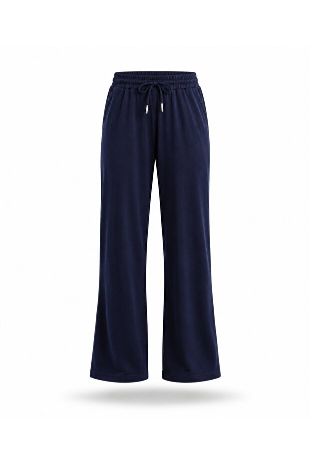 Navy Blue Elastic Waist Draped Trousers 17095
