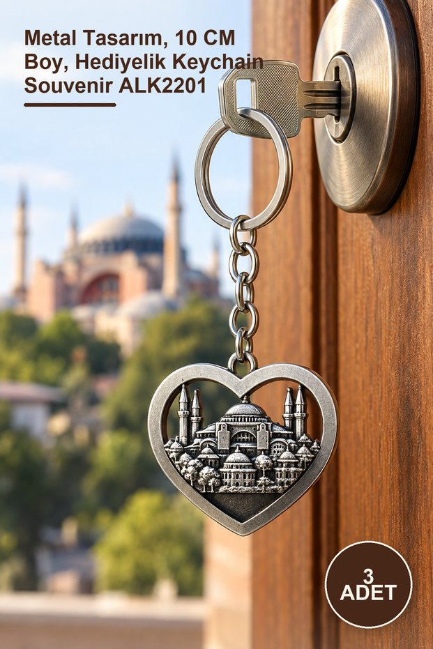 3 Pieces of Metal Hagia Sophia Keychain – Metal Design, 10 cm Length, Gift Keychain Souvenir Alk2201