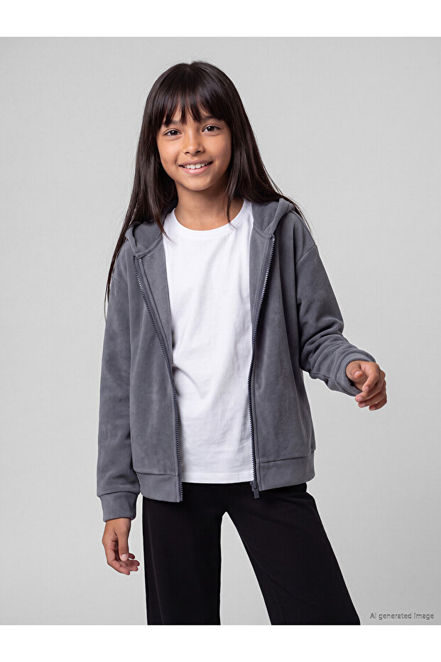 Two Mt Shop Quality Lcw Kids Gray Velvet Plain Standard & Regular Girls' Zipper Sweatshirt