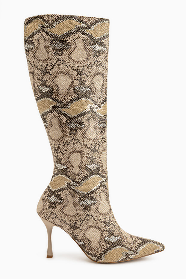 Jana Beige Snake Patterned Pointed Toe Women's Heeled Boots