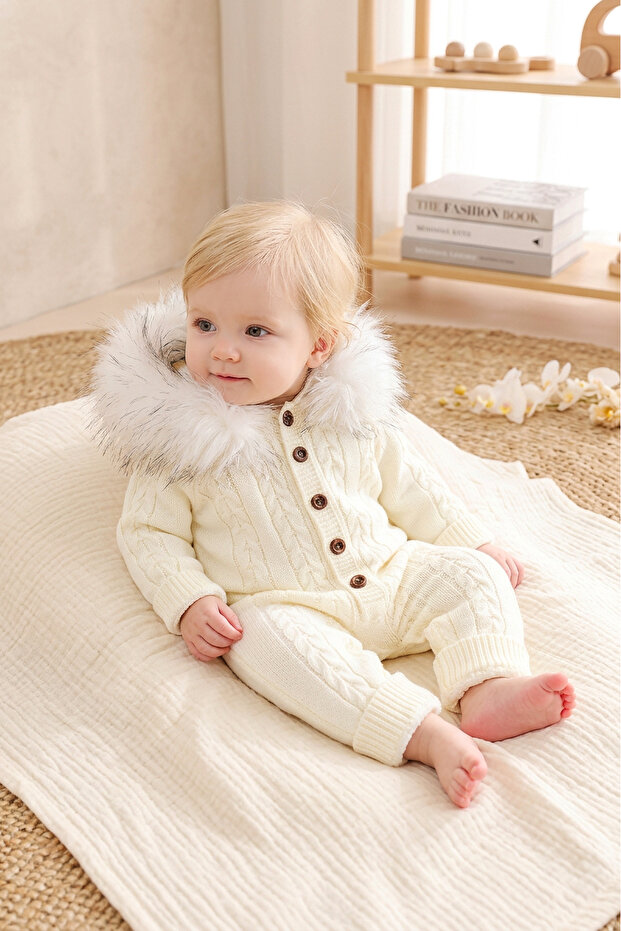 Knitted Fur Detailed Welsoft Lined Hooded Winter Baby Jumpsuit