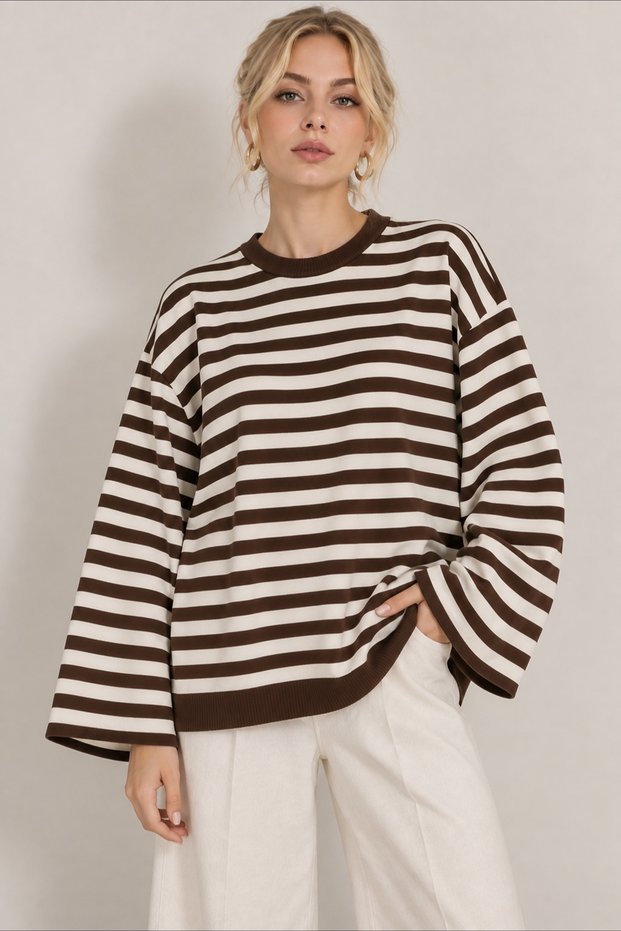 Women's Brown Striped Crew Neck Oversize Casual Stylish Wide Spanish Sleeve Knitwear Sweater