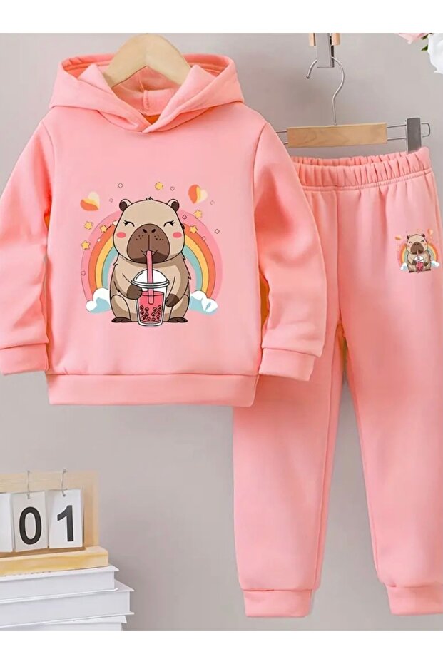 Hooded Capybara Smoothie Printed 100% Cotton Sharded Pocketless Girls' Winter Track Suit
